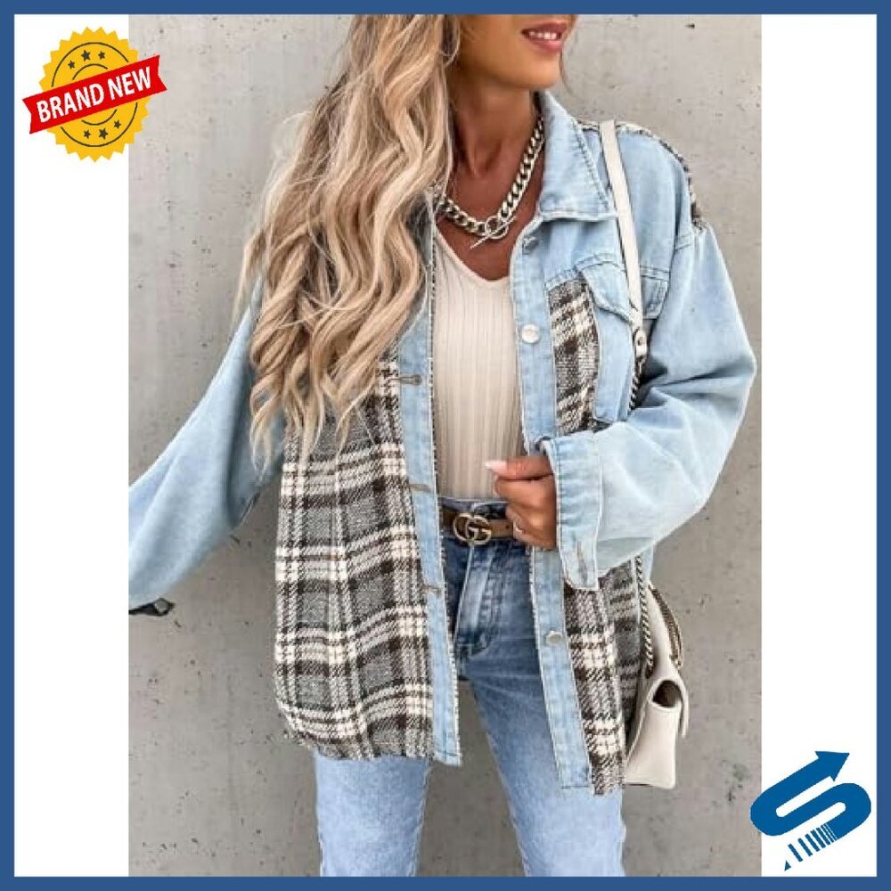 Oversized Denim Plaid Shacket Button Down Long Sleeve Distressed Jacket - Picture 5 of 8